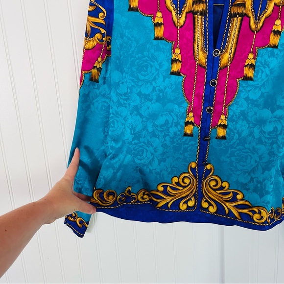 Vintage Silk Flashy 80's Blouse Shoulder Pads Versace Style Purple Teal Size 12 - Picture 6 of 8